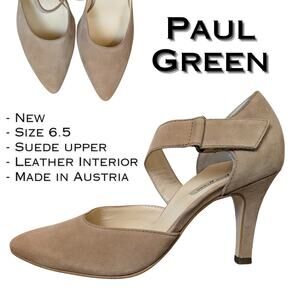 Paul Green Suede Heels 6.5 Beige Leather Ankle Strap 3" Pointed Toe Elegant
NEW